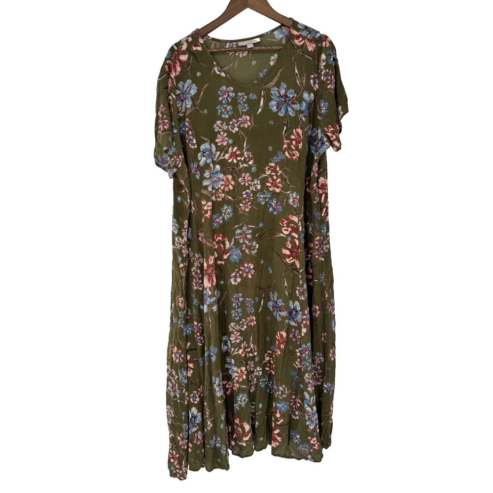 Woman Within‎ Green Short Sleeve Floral Maxi Dress 22 forest fairy gauze muumuu